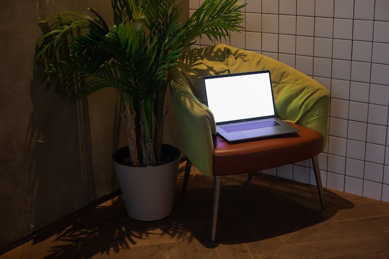 A cozy modern interior featuring a laptop on a stylish chair beside a potted plant.